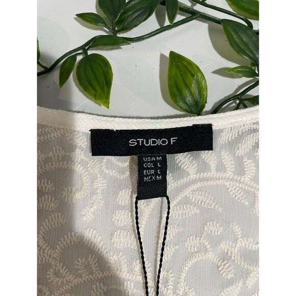 Studio F Ivory Lace Long Sleeve Tie Front Blouse With Embroidered Details Size M - Picture 16 of 16